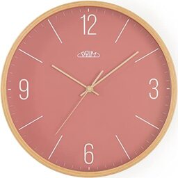 PRIM Wooden Wall Clock in Beautiful Colours, Light Wood and Red, Quartz Movement Sweep, Glass, Wood, Diameter 305 x 40 mm, Modern Style Wall Decoration, Natural Material, for Living Room, Bedroom,
