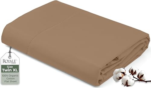 "Royale Linens 100% Organic Cotton Twin XL Flat Sheet Only - Super Soft - Percale Top Sheets - Twin XL Flat Sheet Sold Separately - Breathable, Cool & Crisp Sheets Only (66"" x 102"", Chocolate)"