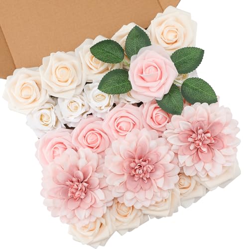 Floweroyal Artificial Pink Flowers Fake Rose Flowers Dahlia with Stems for DIY Wedding Bridal Bouquets, Baby Shower, Floral Arrangement, Table Centerpieces, Home Decorations.