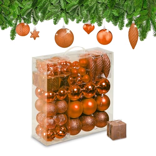 Relaxdays Christmas Baubles, Set of 110, Glittery, Matt & Shiny Ornaments, Plastic Decorations, HxD: 9 x 8 cm, Orange