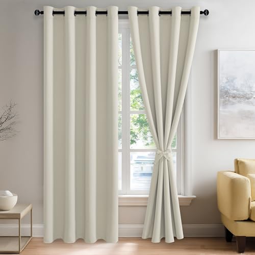 JIUZHEN Ivory Blackout Curtains with Tiebacks - Thermal Insulated, Light Blocking and Noise Reducing Grommet Curtains for Bedroom and Living Room, Set of 2 Window Curtain Panels, 52 x 84 Inch Length