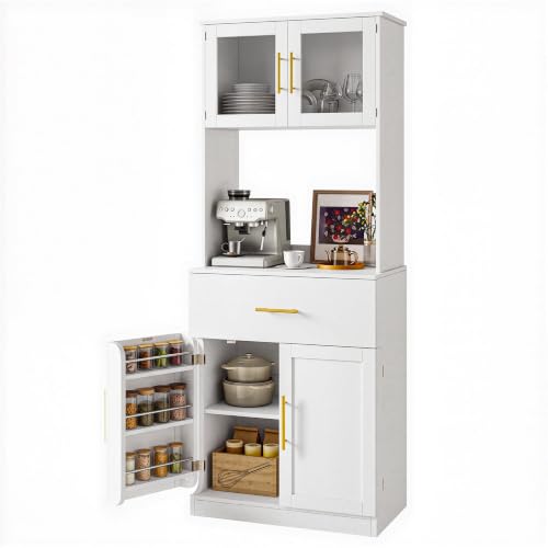 YITAHOME Kitchen Pantry Cupboard 180cm Tall Cabinet, Glass Door & Drawer