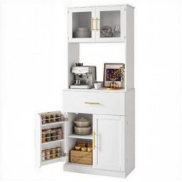 YITAHOME Kitchen Pantry Cupboard 180cm Tall Cabinet, Glass Door & Drawer