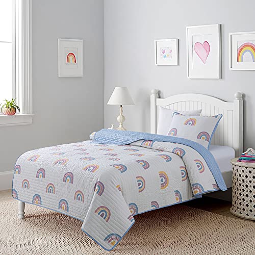 Soul & Lane Hearts & Rainbows Bedding Quilt Set - Twin with 1 Sham - Lightweight Quilted Bedspread for Girls and Boys
