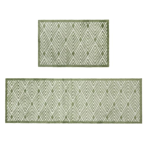 JVL Mega Mat Machine Washable Entrance Runner and Doormat Set, Green Geo