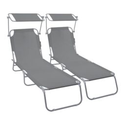 VOUNOT® Set of 2 Folding Sun Lounger with Adjustable Backrest & Sunshade, 4-Position Reclining Sun Bed, Portable Outdoor Garden Chair, Max Load 120kg, Grey