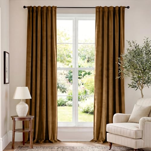 Lazzzy Gold Velvet Blackout Curtain Thermal Insulated Curtain Soft Luxury Noise Reducing Velvet Window Drape for Kids Bedroom Living Room Darkening Drape 108 Inch Extra Long 1 Panel Gold Brown