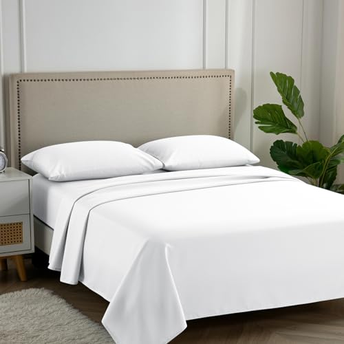 "Carressa Linen 100% Egyptian Cotton King Size Sheets Set - 600 Series Hydrangeas Collection Egyptian Cotton Sheets King Size (4 PC, Crisp White), 16"" Deep Pocket Sateen Weave Luxury Bed Sheet"