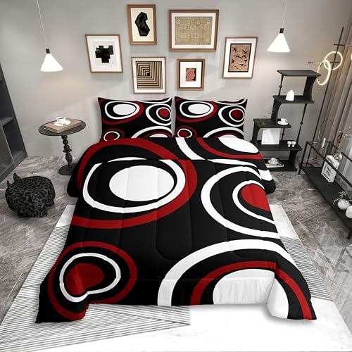 Erosebridal Red Black Striped Queen Comforter Set for Adult Women Men Modern Circle Abstract Bedding Set Contemporary Graffiti Lines Bed Set Minimalists Aesthetic Boho Quilt Set