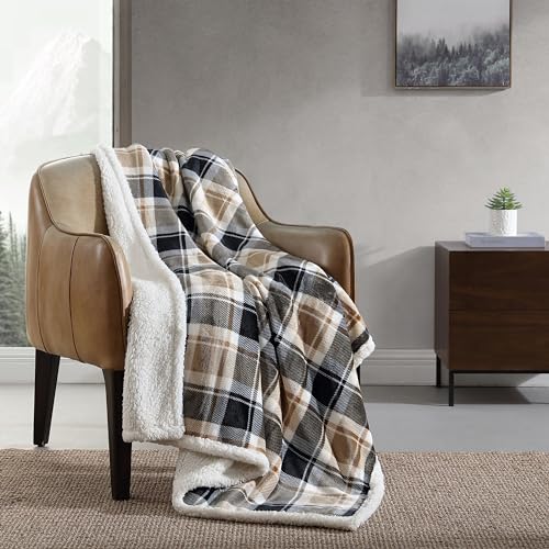 Eddie Bauer Reversible Sherpa Fleece Bedding, Home Decor for All Seasons, Polyester, Rugged Plaid Beige, Throw
