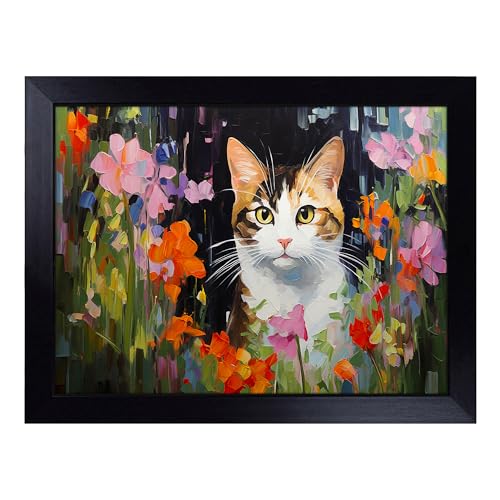 Lap Tray with Bean Bag Cushion, Cat Impressionism - Handmade in the UK, Raised Wooden Edge, Padded Cushion, Heat-Resistant Wipe-Clean Surface, for Meals, Laptops and Crafts