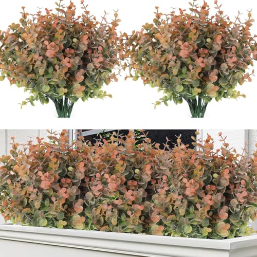 RECUTMS 8 Bundles Artificial Fall Eucalyptus Plant Stems 13In Dusty Orange - Plastic Boxwood Shrubs Greenery,No Maintenance,Long-term Reuse,Fall Outdoor Planter Farmhouse Garden Vase Home Wedding Decor