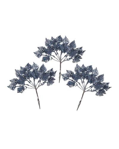 Set of 3 Navy Glitter Leaf Christmas Tree Picks, 19cm Sprays - 3 navy glitter leaf picks, 19cm artificial Christmas foliage sprays for trees, wreaths, garlands and festive displays