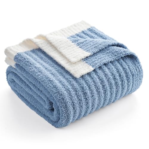 Snuggle Sac Fluffy Ribbed Blue Bedding Blanket Twin Size, Soft Luxurious Knit Fuzzy Plush Microfiber Blankets for Sofa, Bed, Blue, 60x80 inches