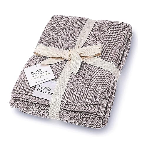 Sweet Acorn Knit Baby Blanket in Cable Pattern, organic Cotton Blankets for Crib or Stroller, Receiving Blankets - Fog Grey