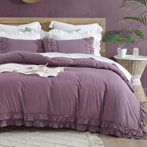 Bedorm Purple Ruffled Comforter King Boho Bedding Comforter Shabby Chic Ruffle Fringe Coquette Bedroom Decor Supr Soft Cozy Purple Quilt Comforter Set