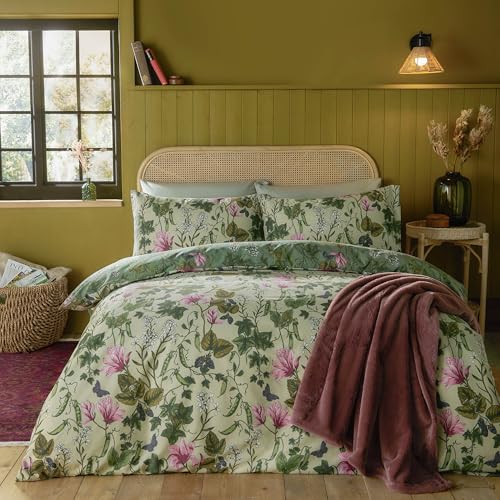 furn. Mystic Berry Duvet Cover Set – Reversible Cotton Blend Botanical Floral Bedding (Green - Double)