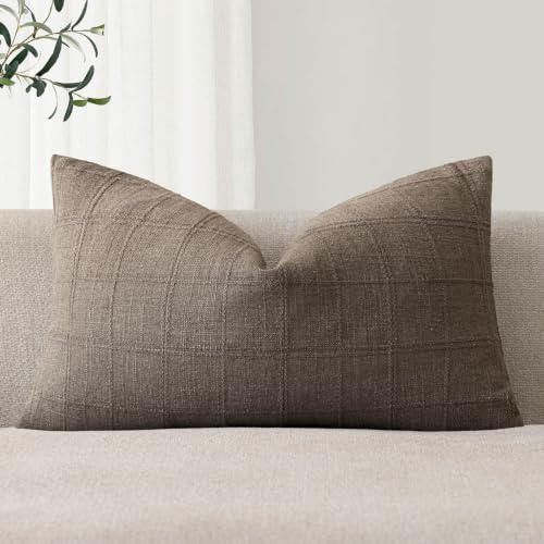 Foindtower Set of 1 Decorative Linen Check Throw Pillow Cover Neutral Farmhouse Lumbar Cushion Cover Modern Boho Home Decor for Sofa Chair Couch Bedroom Living Room,12??20 Inch,Taupe Grey