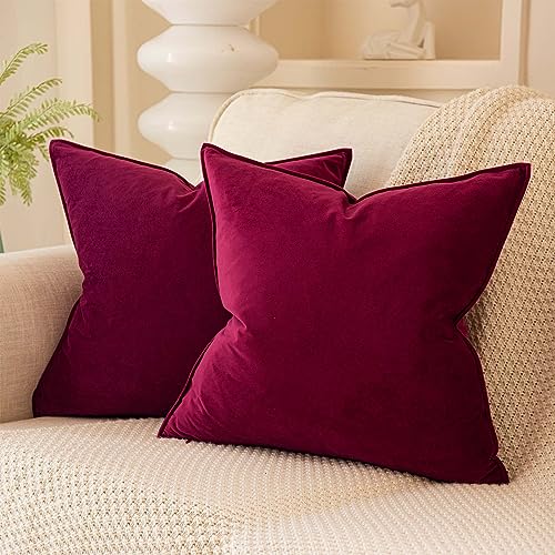 18x18 Decorative Throw Pillow Covers Set of 2 for Couch Sofa Bed,Burgundy - Soft Solid Cushion Covers,Flange Edge Design,for Living Room Bedroom,Luxury Modern Home Decor,Invisible Zipper