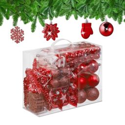 Relaxdays 100x Christmas Ornaments, Baubles, Glittering, Matte & Shiny, Tree Decorations, Plastic, 10 Designs, Red, 24 x 30 x 12 cm