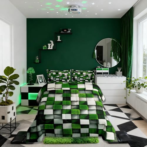Manfei Pixelated Miners Gamer Comforter Set Full Size,Video Games Cartoon Gamepad Kids Bedding Set,Modern Geometric Check Quilt Comforter,Green White Duvet Insert,2 Pillowcases