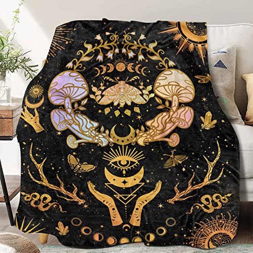 "Mushroom Decor, Moth Moon Blanket Witch Gifts for Women Zodiac Witchy Hippie Fleece Blanket Gothic Gifts Sun Moon Throws Blanket 60""x 50"""
