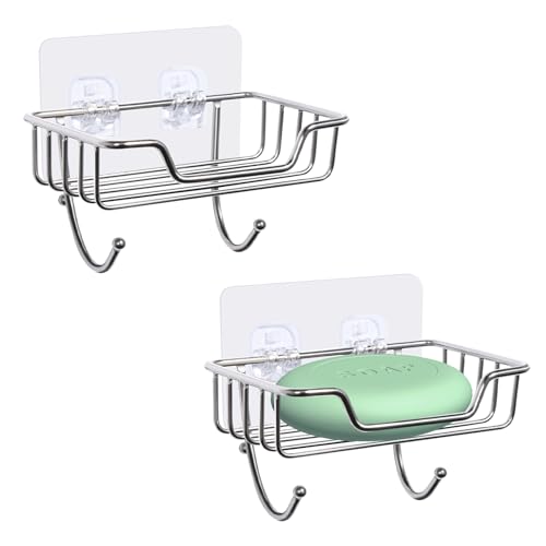 Uten 2 Pcs Strong Self Adhesive Soap Dish, Stainless Steel Soap Holder with Hook No Drilling, Wall Mounted Soap Tray for Shower Bathroom Kitchen, Silver