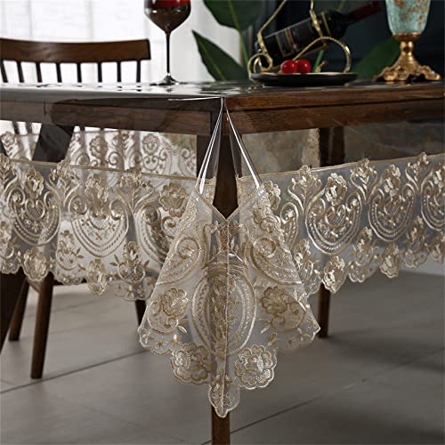Dimatic Clear Plastic Waterproof Tablecloth, Vinyl PVC Rectangle Table Cloth with Lace Macrame, Oil Spill Proof, Table Cover for Dining Tables, Parties and Holidays (Champagne, 150x300 cm)