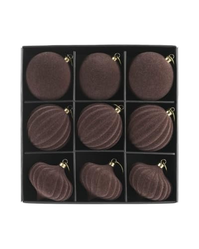 WeRChristmas Set of 9 Espresso Velvet Christmas Baubles, 10cm - Set of 9 espresso 10cm velvet baubles with round, ribbed and spiral ribbed designs, gold caps and hanging strings