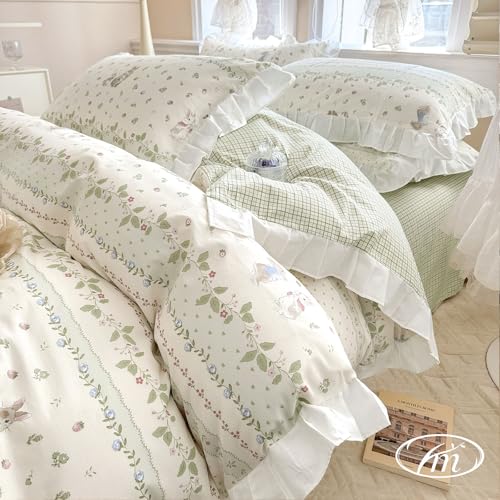 VM VOUGEMARKET White Ruffle Duvet Cover Queen with Cute Rabbit Printed Reversible Green Plaid Comforter Cover with Zipper Ties Cotton Princess Bedding Set for Teen Girls