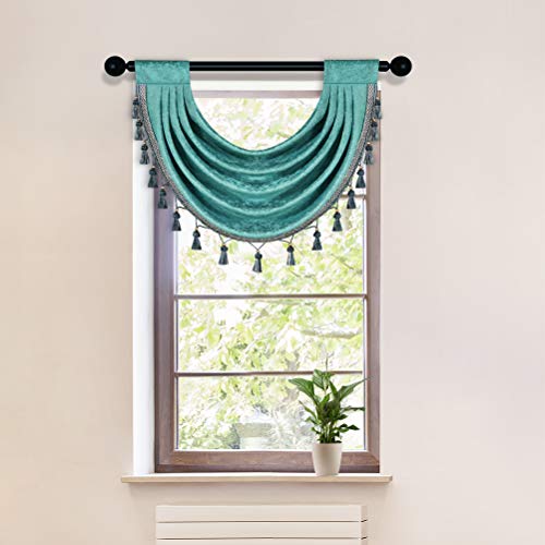 "ELKCA Thick Chenille Waterfall Swag Valances for Living Room Turquoise Valance Curtains for Kitchen,Pack of 1(Turquoise, 30"" W x 22"" L)"