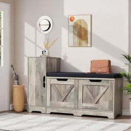 YITAHOME Shoe Bench, Storage Bench with Side High Cabinet and Door, Shoe Storage Bench with Padded Seat, with Cushion for Living Room, Hallway, Grey