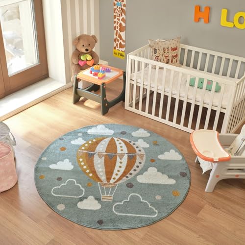 Livabliss Monty Hot Air Balloon Kids Floor Covering 160 cm – Fun Design for Bedroom, Nursery & Playroom, Soft & Durable, Teal & Orange