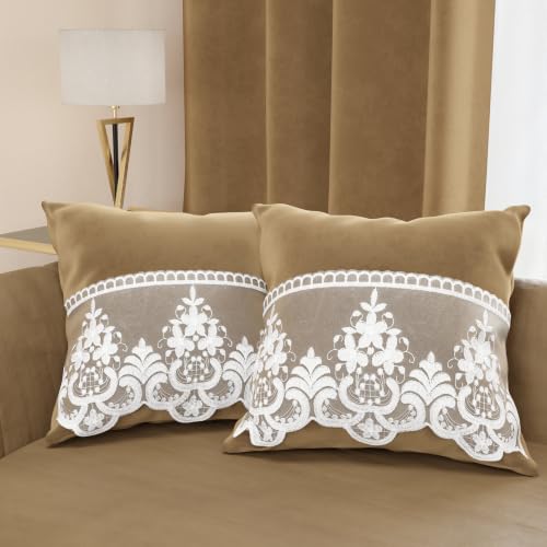 PETTI Artigiani Italiani - 2 Velvet Cushions with Rebrod?? Lace, Filling Included, 80 x 50 cm, Taupe
