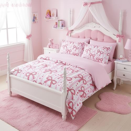 QOOMO Pink Bow 7 Pieces Comforter Set Twin Size,Love Bowknot Bedding Set for Kids Teens Girls-Include 1 Comforter,1 Fitted Sheet,1 Flat Sheet,2 Printing Pillowcases and 2 Light Pink Pillowcases