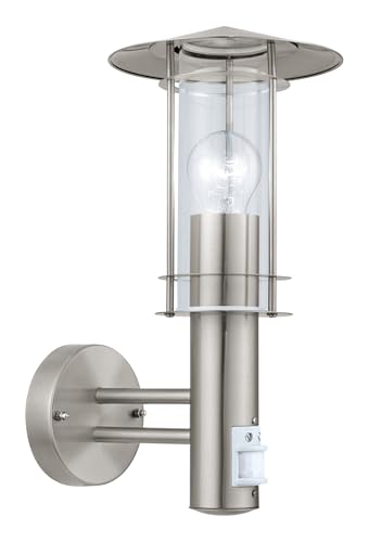Eglo Outdoor wall Light Lisio, External Porch Lighting with Motion Sensor - lantern made of stainless steel and clear glass, silver outside lamp with E27 socket, IP44