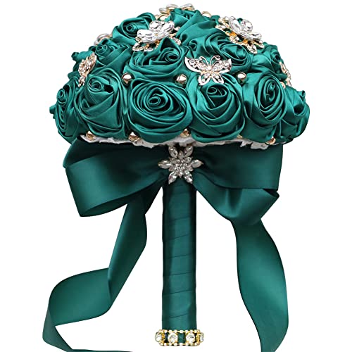 "Sharebeauty 5.9"" Mini Bridal Bouquet Handmade Satin Rose Round Wedding Bouquet Throw Toss Artificial Flower Bunch Dark Green"