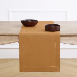Solino Home Linen Table Runner 14 x 132 Inch ??? 100% Pure Linen Classic Hemstitch Table Runner for Fall, Halloween, Thanksgiving, Christmas ??? Handcrafted from European Flax ??? Brown Sugar