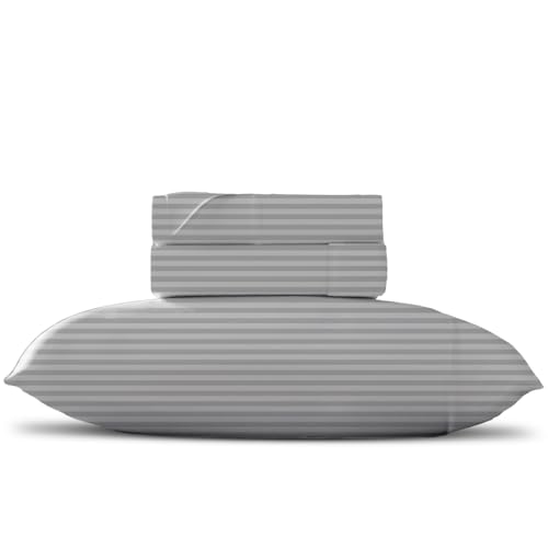 TEXAS LINEN CO. Pure Egyptian Cotton Silver Twin Stripe Sheet Set (Twin Bed Sheets, 600 Thread Count) Bedding Sheets & Pillowcases (3 Pc) ??? Bed Sheets Twin - Sateen Weave Sheets - 16??? Cotton Sheets