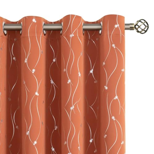 BGment Terracotta Blackout Curtains 63 Inch Length 2 Panels Set, Grommet Thermal Insulated Blackout Curtains with Wave Line and Dots Printed for Bedroom, 2 Panels, Each Panel 52 x 63 Inch