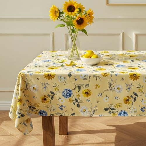 LOSIVISHE Spring Floral Tablecloth Waterproof Yellow Table Cover with Sunflowers, Hydrangeas & Daisies ??? Waterproof Fabric Table Cloth for Dining Room, Kitchen, Party & Outdoor Decor, W60 x L120 in