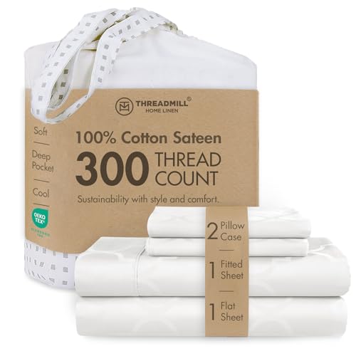 Threadmill Bed Linen Set 4-Piece Cooling Cotton Queen Size Sheet Set, 100% Cotton, Damask Jacquard, 16-Inch Deep Pocket, Soft Sateen Fabric, White