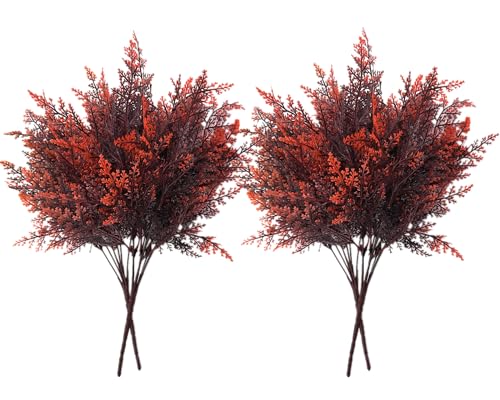 Artificial Fern Plants, Fake Shrubs Faux Boston Grass Plastic Leaves Greenery Bushes Home Garden Kitchen Party Decor Outdoor Indoor Office Yard Verandah Planter Filler DIY Decoration Red 4 Pack