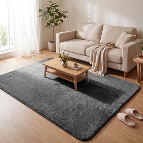VOUNOT® Fluffy Rugs for Living Room and Bedroom, Soft Shaggy Floor Carpets with Non Slip Backing & Extra Underlay, Machine Washable, Large Area Rug, Modern & Cosy Home Decor, 160x230cm, Anthracite