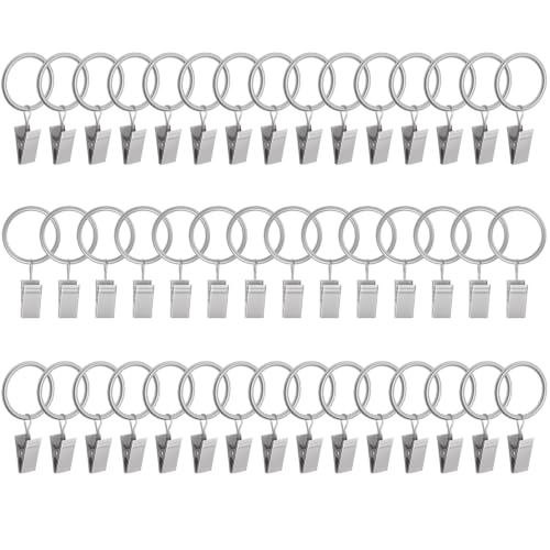 Lansian 44 Pack Curtain Rings with Clips Hooks 1 in Diameter Rustproof - Metal Stainless Steel Drapery Rings for Tension Rod Bracket Eyelets Decorative Hanger, Fits 3/4 in Rods, Matte Silver