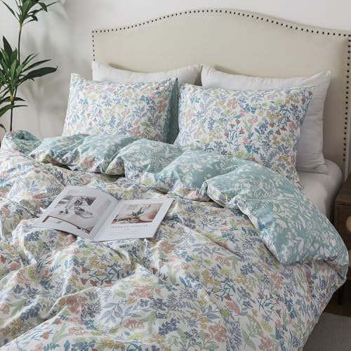 HoneiLife Cotton Queen Duvet Cover - Floral Comforter Cover 3-PC, Botanical Bedlinen Sets with Zipper Closure & Corner Ties, Wildflower Bedlinen Sets for All Season Use