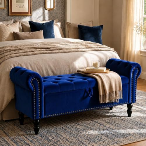 Clevich Ottoman Storage Bench, Velvet End of Bed Storage Box with Lid, Sturdy Wood Legs Footrest, 168KG Load Capacity, Sofa Bench for Bedroom/Living Room, 133x53x46cm (Dark Blue)