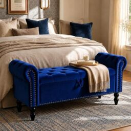 Clevich Ottoman Storage Bench, Velvet End of Bed Storage Box with Lid, Sturdy Wood Legs Footrest, 168KG Load Capacity, Sofa Bench for Bedroom/Living Room, 133x53x46cm (Dark Blue)