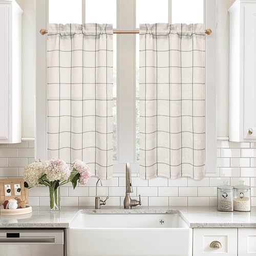 DriftAway Kitchen Curtains Striped Tier Linen Short Curtains Windowpane Plaid Cafe 45 Inch Length for Living Room Bathroom Chris Farmhouse Rustic Rod Pocket 2 Panels Loden Green