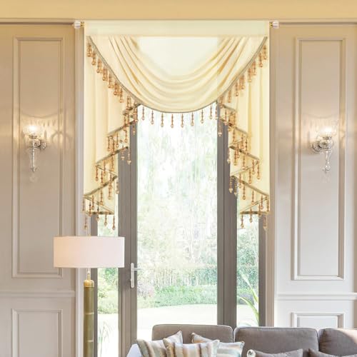 VOGOL Vintage Style Waterfall Valance, 39 Inches Wide Soft Touch Sheer Drapes for Living Room, Classical Rod Pocket Silky Swag Valance with Handmade Tassels, Brown, 1 Panel